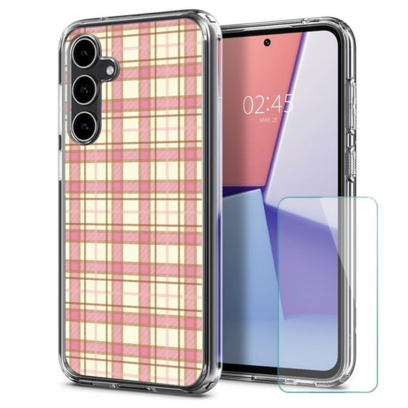 TalkingCase Slim Fit Phone Case Made for Samsung Galaxy S23 FE, Pink Plaid Lines Print, w/ Glass Screen Protector, Military Grade, Lightweight,Flexible, Print in USA