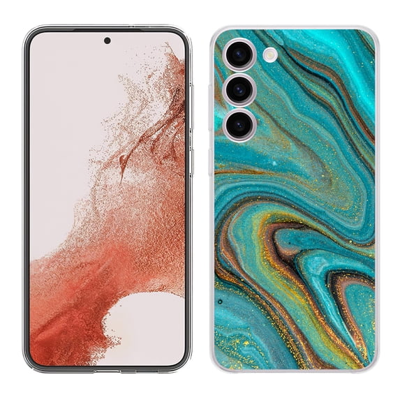 TalkingCase Slim Phone Case Compatible for Samsung Galaxy S23 2023, Gold Blue Marble Print, w/ Tempered Glass Screen Protector, Lightweight, Flexible, Print in USA