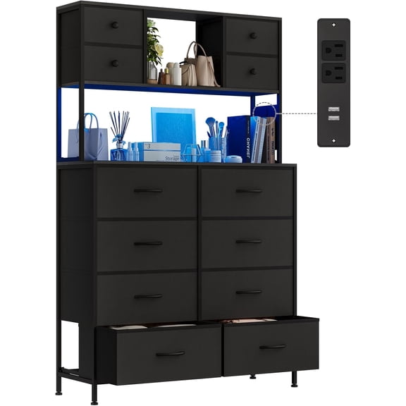 Tall 12 Drawers Dresser Storage with Wood Top, TV Stand, Fabric Wide Storage Tower, Sturdy Steel Frame Storage Organizer Fit for Bedroom, Living Room, Hallway, Entryway, Closets