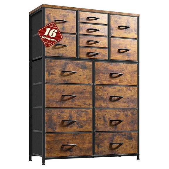 Tall 16-Drawer Dresser for Bedroom, Fabric Dresser with Metal Frame, Large Closet Organizer, Entryway Storage - Rustic Brown