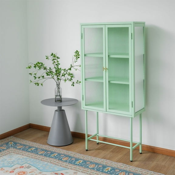Tall 2-Door Square 3 Shelf Steel Accent Cabinet with Fluted Glass-Light Green