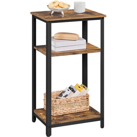 Tall 3 Tier End Table for Living Room, Sturdy Metal Frame with Wooden Shelves, Compact Side Table for Small Spaces, Sofa Bedside Couch Desk, Brown