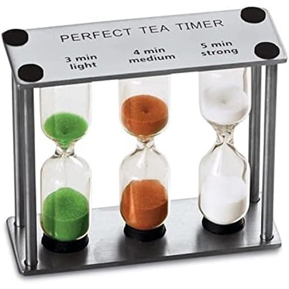 Tall 3-in-1 Perfect Tea Timer, Includes 3, 4, and 5 Minute Sand Hourglass Timers, Use for Making Tea or Keeping Time Around The Kitchen, Brushed Stainless Steel Frame