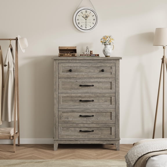 Tall 41.3" 5-Drawer Vertical Dresser — Freestanding Wooden Storage Chest with Large Capacity for Bedroom & Living Room, Retro Gray