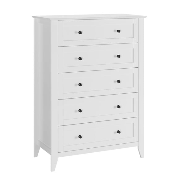 Tall 5 Drawer Dresser for Bedroom, Wood Chest of Drawers with Metal Handles, Modern Storage Cabinet and Organizer Drawers for Living Room, Hallway, White