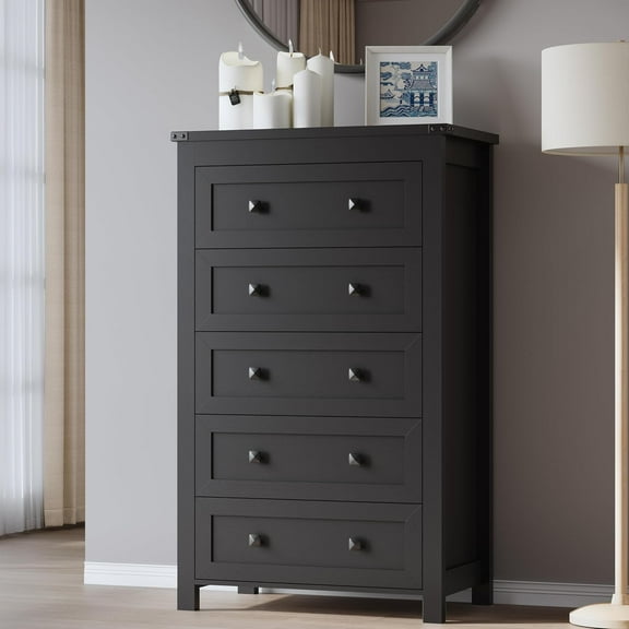 Tall 5-Drawer Dresser, Modern Wooden Storage Chest of Drawers, Dresser TV Stand, Wood Drawer Organizer with Metal Handles for Bedroom, Living Room, Hallway