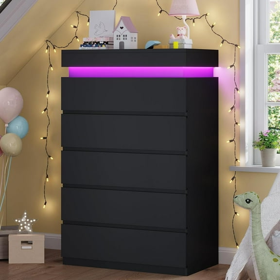 Tall 5 Drawer Dresser with LED Light, Black Modern Chest of Drawers for Bedroom,Closet Dressers with Drawers for Living Room, Entryway, Hallway