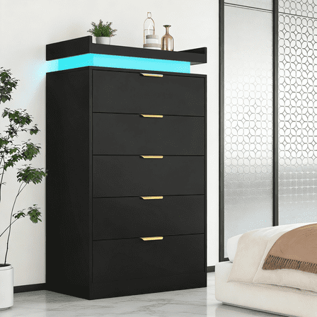 Tall 5-Drawer Dresser with LED Lights and Power Outlet, Modern Black Chest of Drawers for Bedroom, Living Room, Entryway