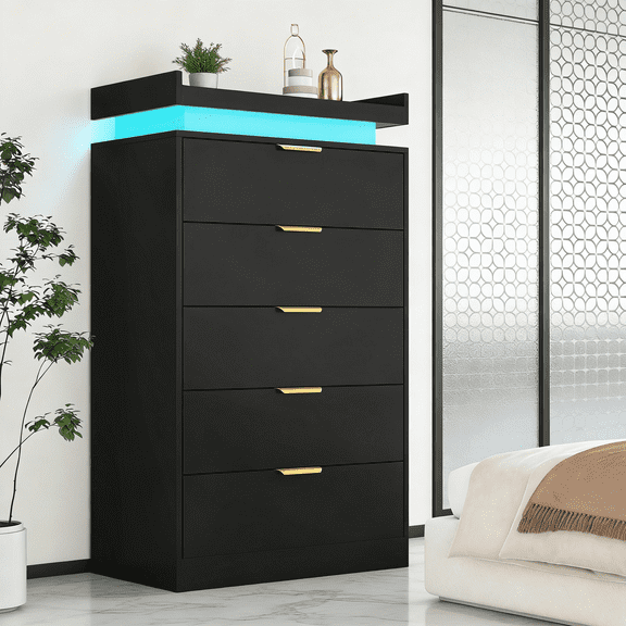 Tall 5-Drawer Dresser with LED Lights and Power Outlet, Modern Black Chest of Drawers for Bedroom, Living Room, Entryway