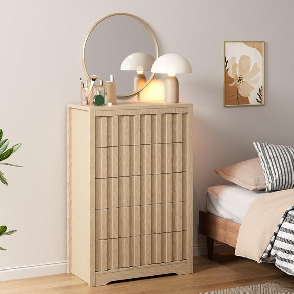 Tall 5-Drawer Fluted Dresser, Modern Handleless Wooden Chest with Deep Storage, TV Stand & Clothes Organizer for Bedroom, Living Room, Hallway, Natural