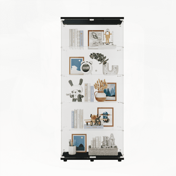 Tall 5-Shelf Tempered Glass Display Cabinet with Solid Wood Trim – Black Modern Storage for Collectibles & Decor