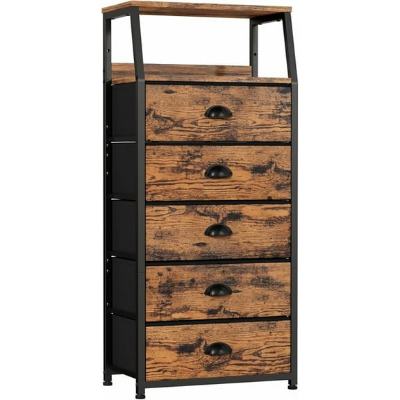 Tall 5Drawers Dresser, Vertical Storage Tower for Bedroom, Hallway, Entryway, Nursery, Closet Organizer, Nightstand Bedside Table Furniture, Sturdy Steel Frame, Wood Top