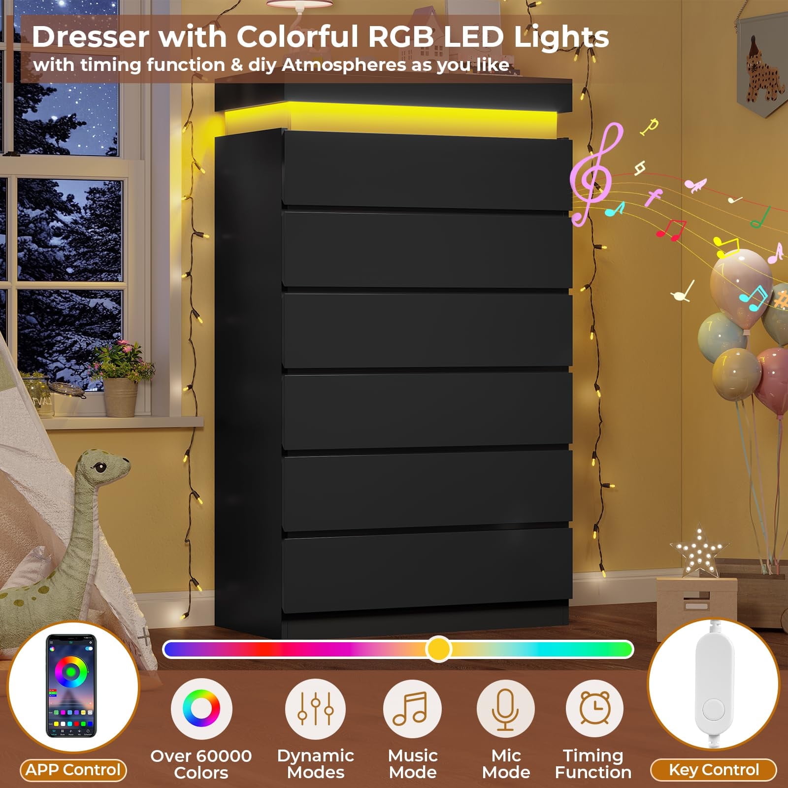 Tall 6 Drawer dresser with LED lights,chest of 7 drawers,modern large ...