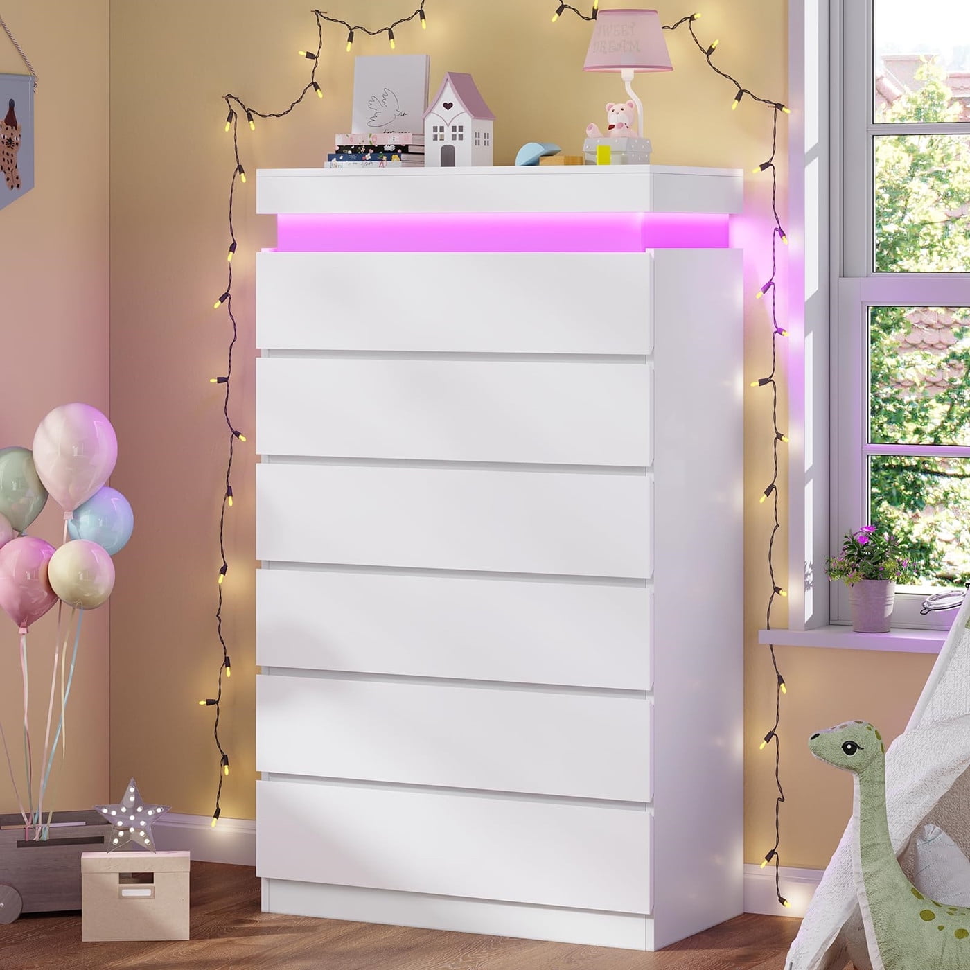 Tall 6 Drawer dresser with LED lights,chest of 7 drawers,modern large capacity storage cabinet with deep drawers, White dresser for bedroom, living room