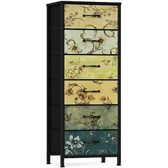 Tall 6 Drawers Dresser, Vintage Storage Organizer Unit with Fabric Bins for Bedroom, Living Room, Closet, Nusery, Dorm, Entryway, Bedside Furniture, Sturdy Metal Frame, Wood Top