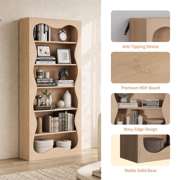 Tall 6-Tier Modern Office Bookshelf - Wavy Scalloped Edge - Freestanding Wooden Bookcase with Large Storage Display - Red oak