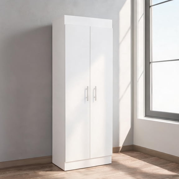 Tall 67-Inch Pine Pantry Cabinet with 5 Shelves, Two Doors, White Finish Kitchen Dining Storage