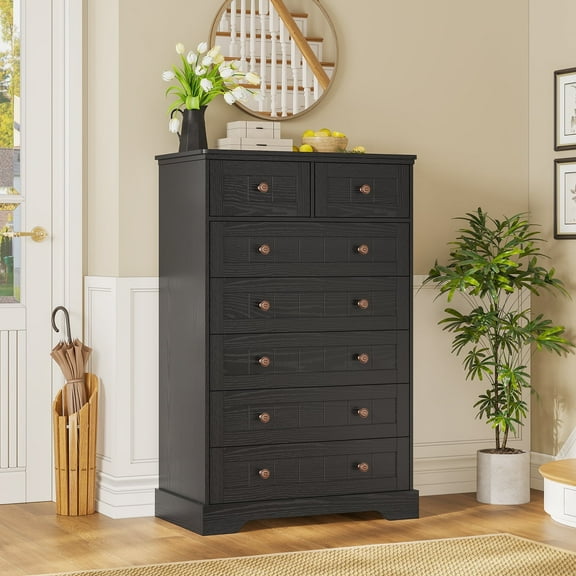Tall 7 Drawer Dresser for Bedroom, Farmhouse Chest of Drawer with Large Drawers, Wooden Dresser Storage Organizer for Living Room Hallway Entryway, Black