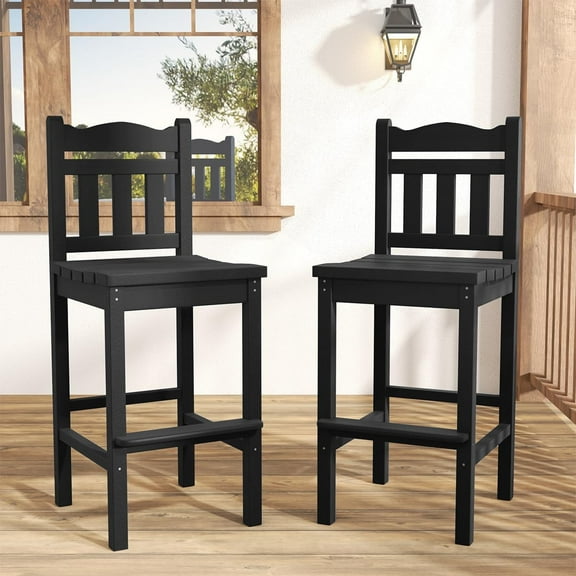 Tall Adirondack Bar Chair Set of 2, HDPE Patio Bar Stools with Backrest, 27.5 Inch Seat Height Tall Bistro Dining Counter Stool, All-Weather Pub Height Chair, Black