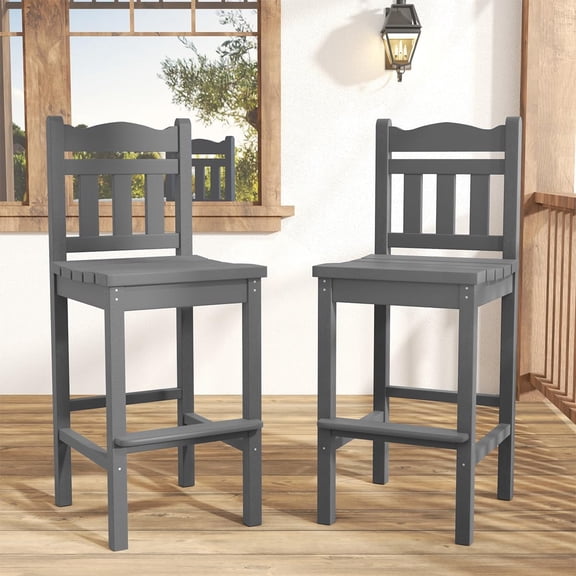 Tall Adirondack Bar Chair Set of 2, HDPE Patio Bar Stools with Backrest, 27.5 Inch Seat Height Tall Bistro Dining Counter Stool, All-Weather Pub Height Chair, Gray