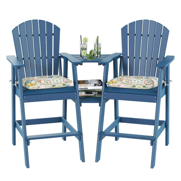 Tall Adirondack Bar Set, Patio Umbrella Table and Bar Chairs Set of 2, 3 Pieces Counter Height Dining Bistro Set, Pub Table with HDPE Stools, 2 Umbrella Hole Caps, Navy Blue