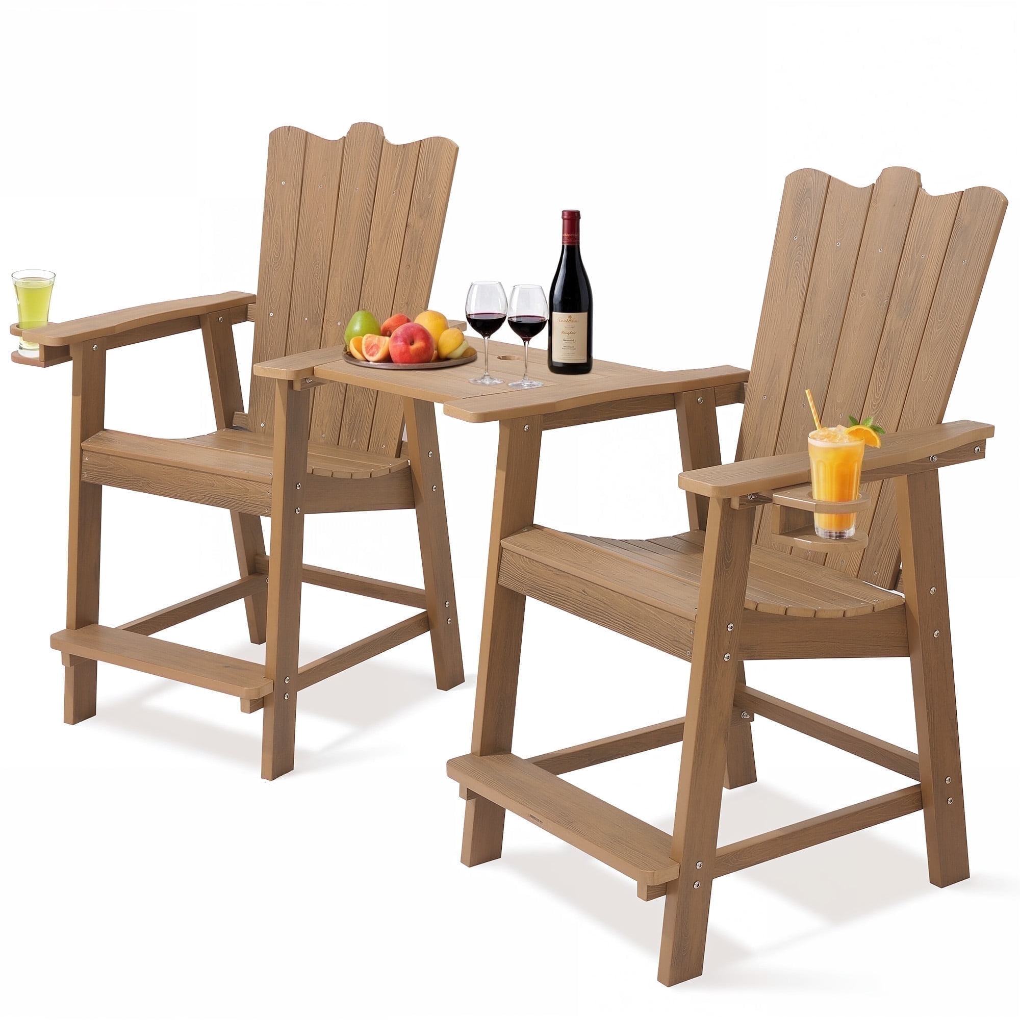 Naipo Tall Adirondack Chair Set of 2 Patio Bar Stools with Double Connecting Bar Height Set Chairs Weather Resistant for Outdoor Deck Lawn Pool Backyard Teak 2Pcs
