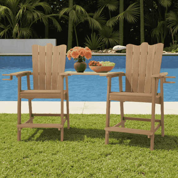 Tall Adirondack Chair Set of 2 Patio Bar Stools with Double Connecting Bar Height Set Chairs Weather Resistant for Outdoor Deck Lawn Pool Backyard Teak 2Pcs