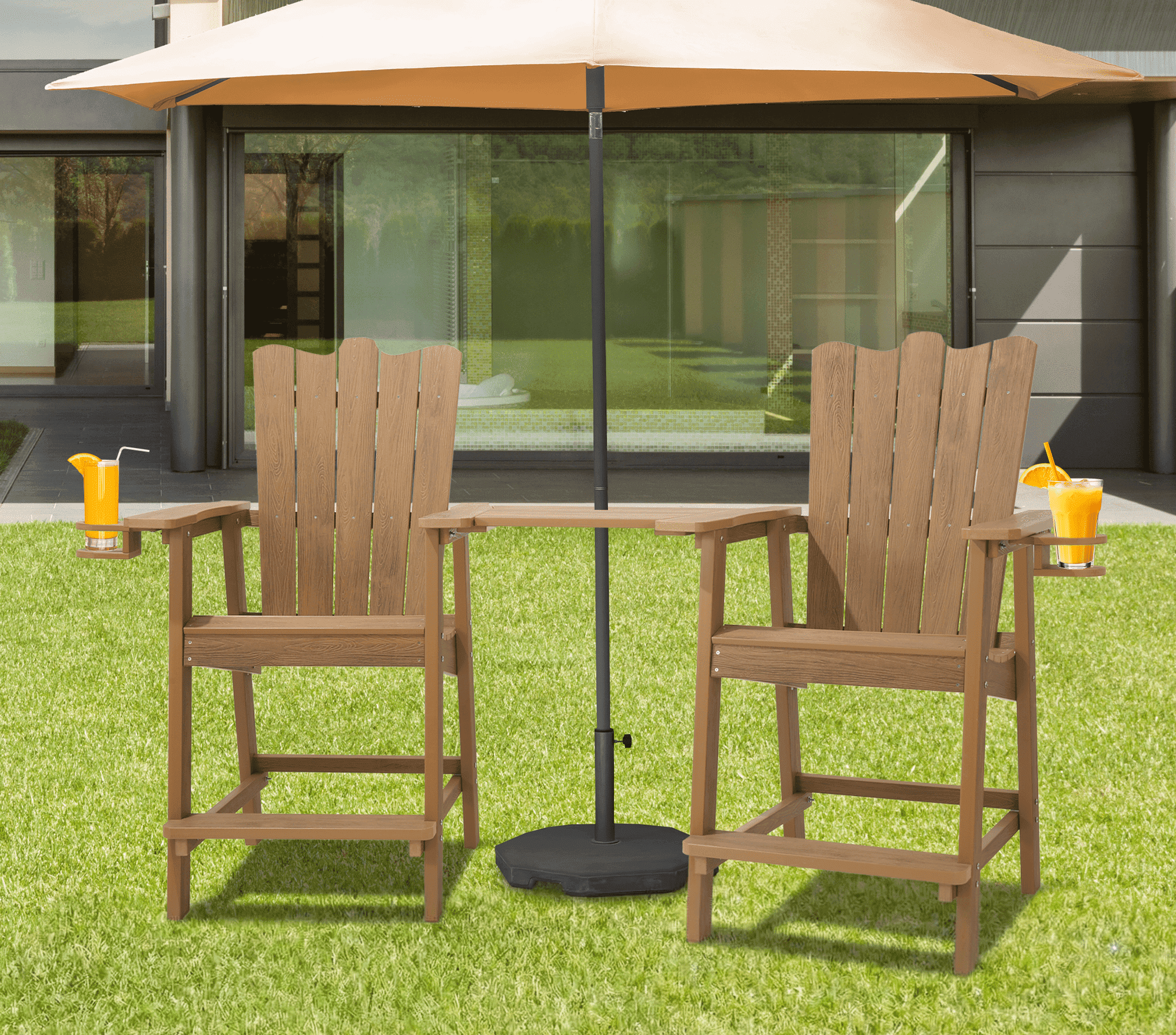 Naipo Tall Adirondack Chairs Set of 2, HDPE All Weather Adirondack Bar stools with Double Connecting Tray Weather Resistant for Patio Garden, Backyard Deck Lawn Pool ,Teak