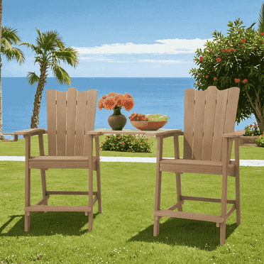 Tall Adirondack Chair Set of 2 ,Patio Bar Stools with Double Connecting Bar Height Set Chairs Weather Resistant for Outdoor Deck Lawn Pool Backyard Teak 2Pcs