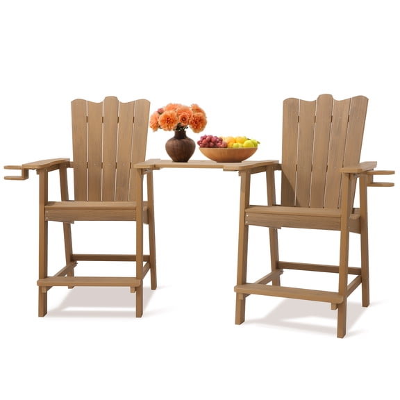 Naipo Tall Adirondack Chairs Set of 2, HDPE All Weather Adirondack Bar stools with Double Connecting Tray Weather Resistant for Patio Garden, Backyard Deck Lawn Pool ,Teak