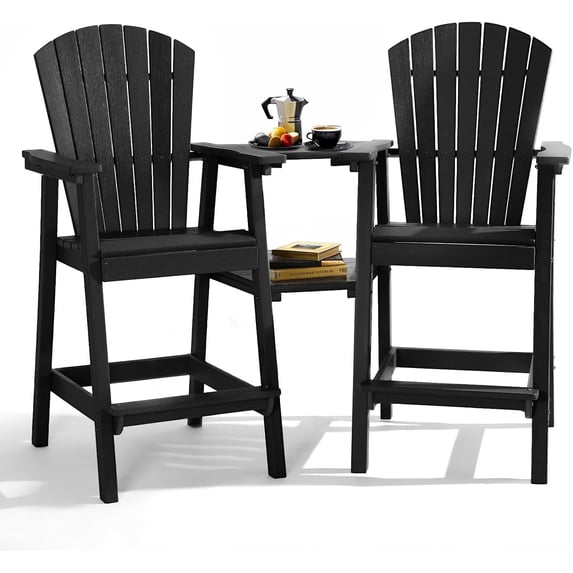 Tall Adirondack Chair Set of 2 with Removable Double Connecting Trays, Recycled HDPE with Wood Grain, Weather Resistant, Outdoor Adirondack Barstools for Deck, Balcony, Patio, Backyard