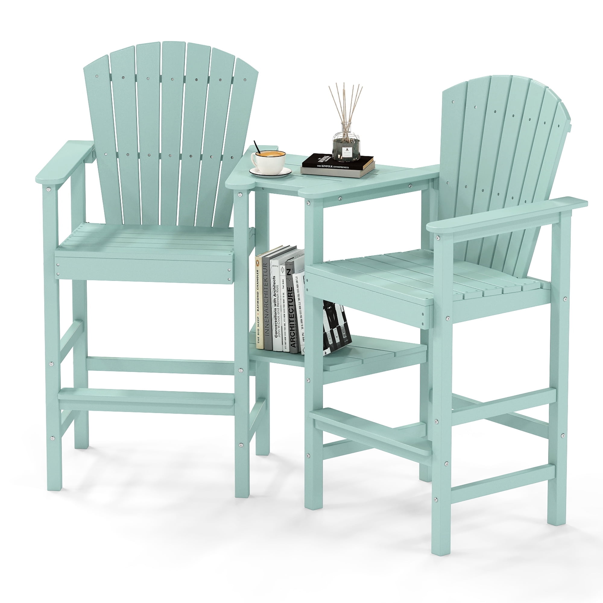 FOOWIN Tall Adirondack Chair Set of 2, HDPE All-Weather Adirondack Bar Stools with Connecting Tray, Aruba Blue