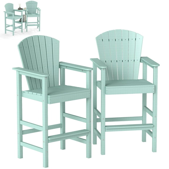 FOOWIN Tall Adirondack Chair Set of 2, HDPE All-Weather Adirondack Bar Stools with Connecting Tray, Aruba Blue