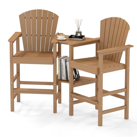 FOOWIN Tall Adirondack Chair Set of 2, HDPE All-Weather Adirondack Bar Stools with Connecting Tray,  Teak