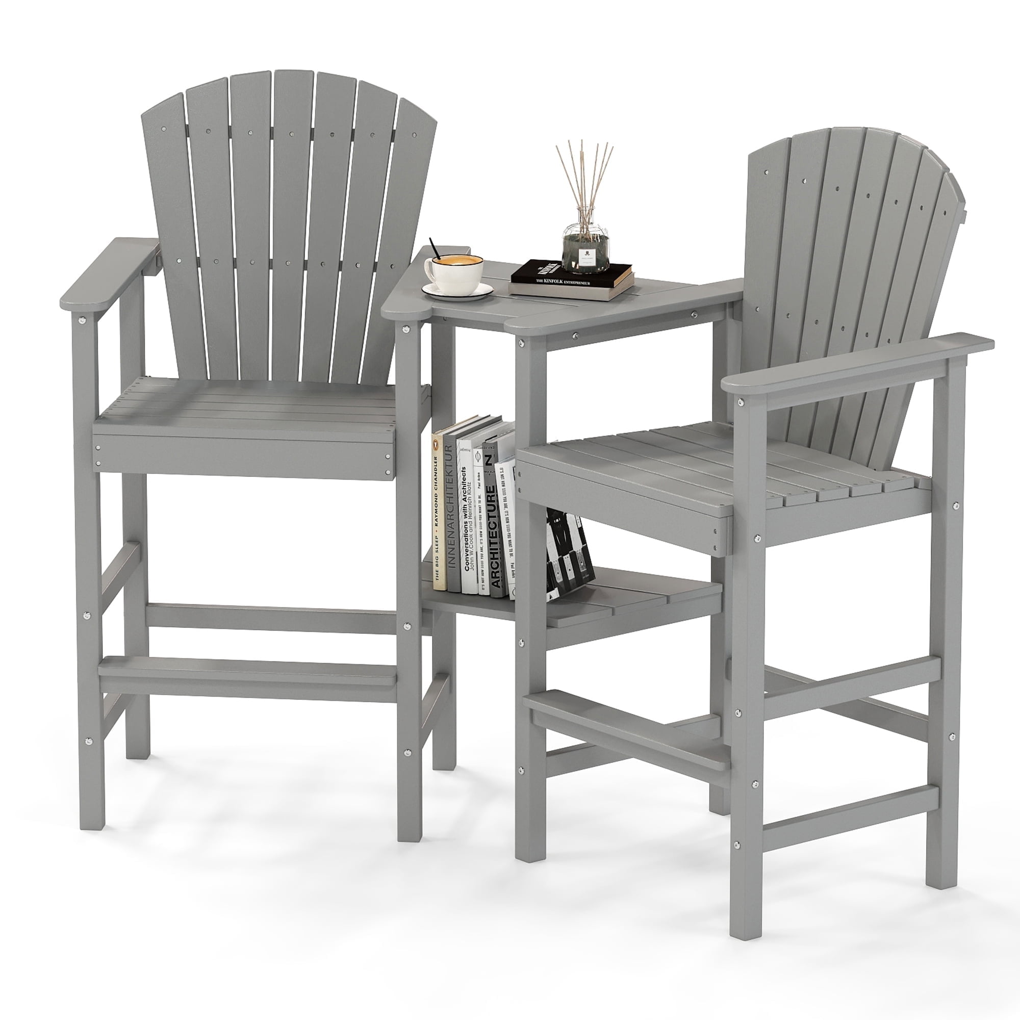 FOOWIN Tall Adirondack Chair Set of 2, HDPE All-Weather Adirondack Bar Stools with Connecting Tray, Grey