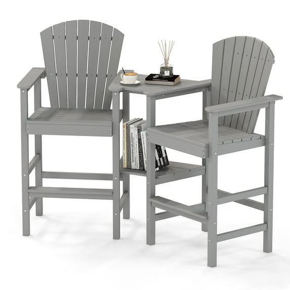 FOOWIN Tall Adirondack Chair Set of 2, HDPE All-Weather Adirondack Bar Stools with Connecting Tray, Grey