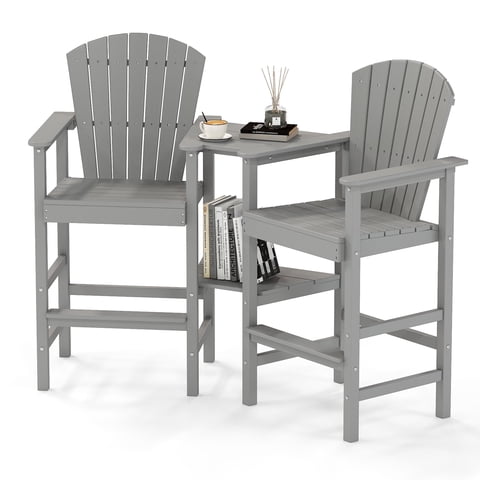 FOOWIN Tall Adirondack Chair Set of 2, HDPE All-Weather Adirondack Bar Stools with Connecting Tray, Grey