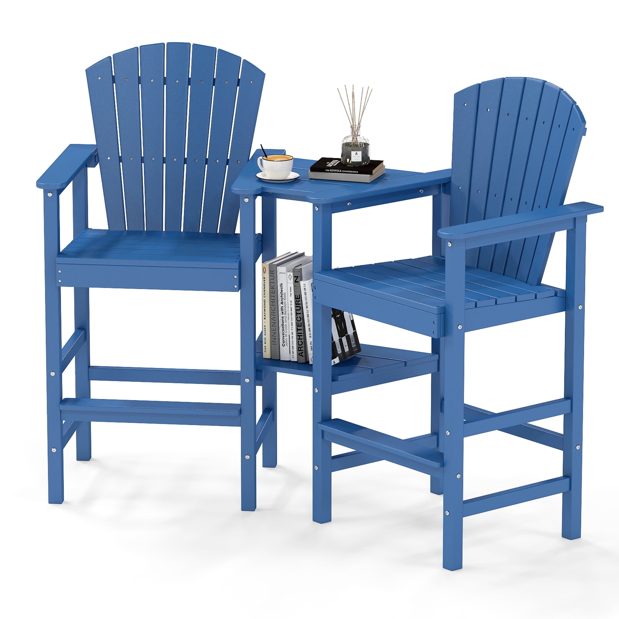 Tall Adirondack Chair Set of 2, HDPE All-Weather Adirondack Bar Stools with Connecting Tray, Blue