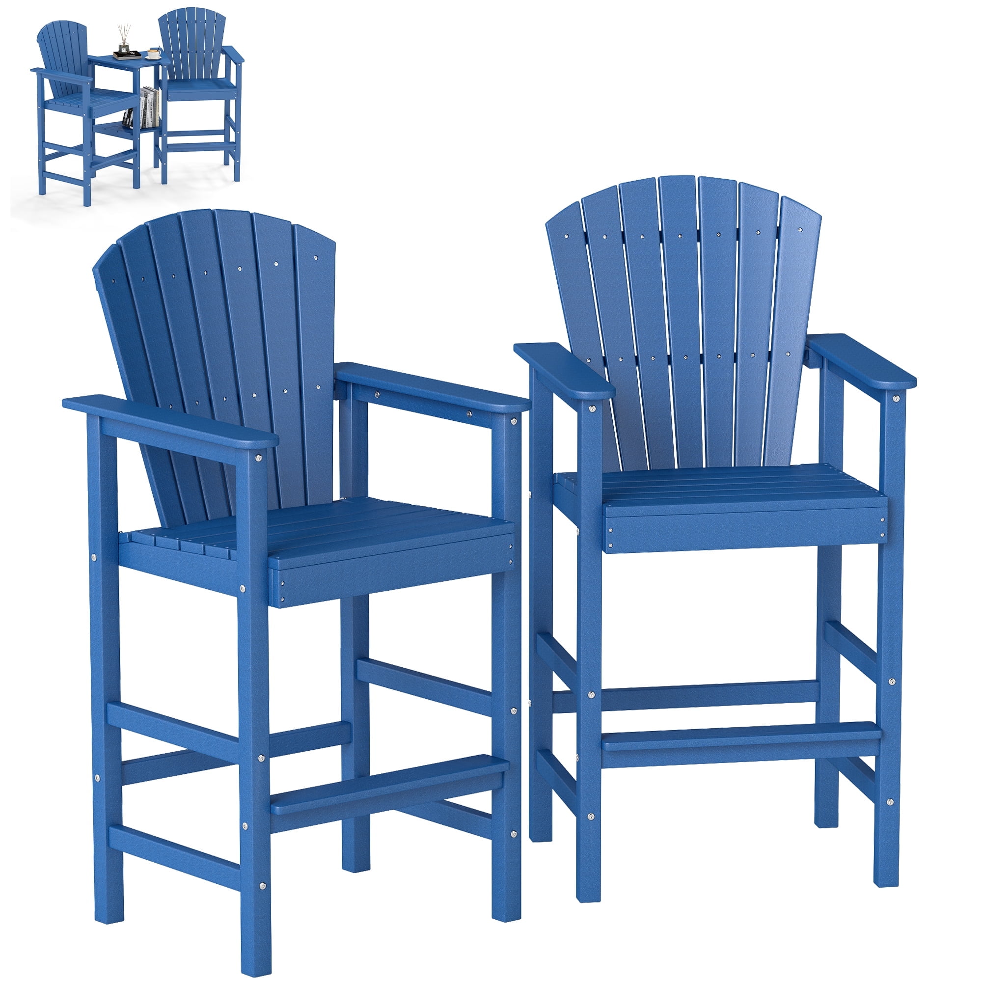FOOWIN Tall Adirondack Chair Set of 2, HDPE All-Weather Adirondack Bar Stools with Connecting Tray, Blue