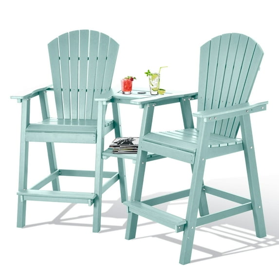 Tall Adirondack Chair Set of 2, HDPE Balcony Chair with Double Connecting Tray, Outdoor Weather Resistant Adirondack Chair, Aruba Blue