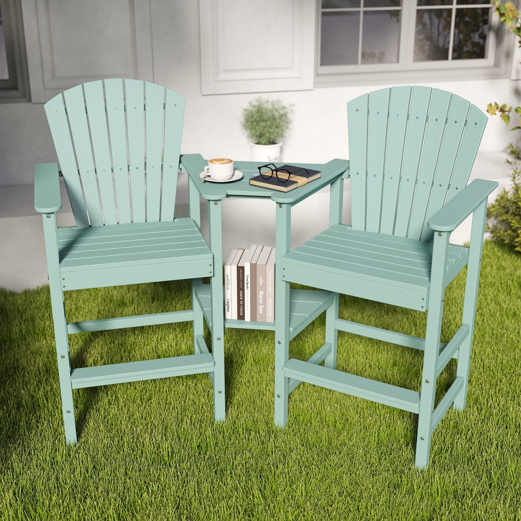 Tall Adirondack Chair Set of 2, HDPE Balcony Chair with Double Connecting Tray, Outdoor Weather Resistant Adirondack Chair, Aruba Blue