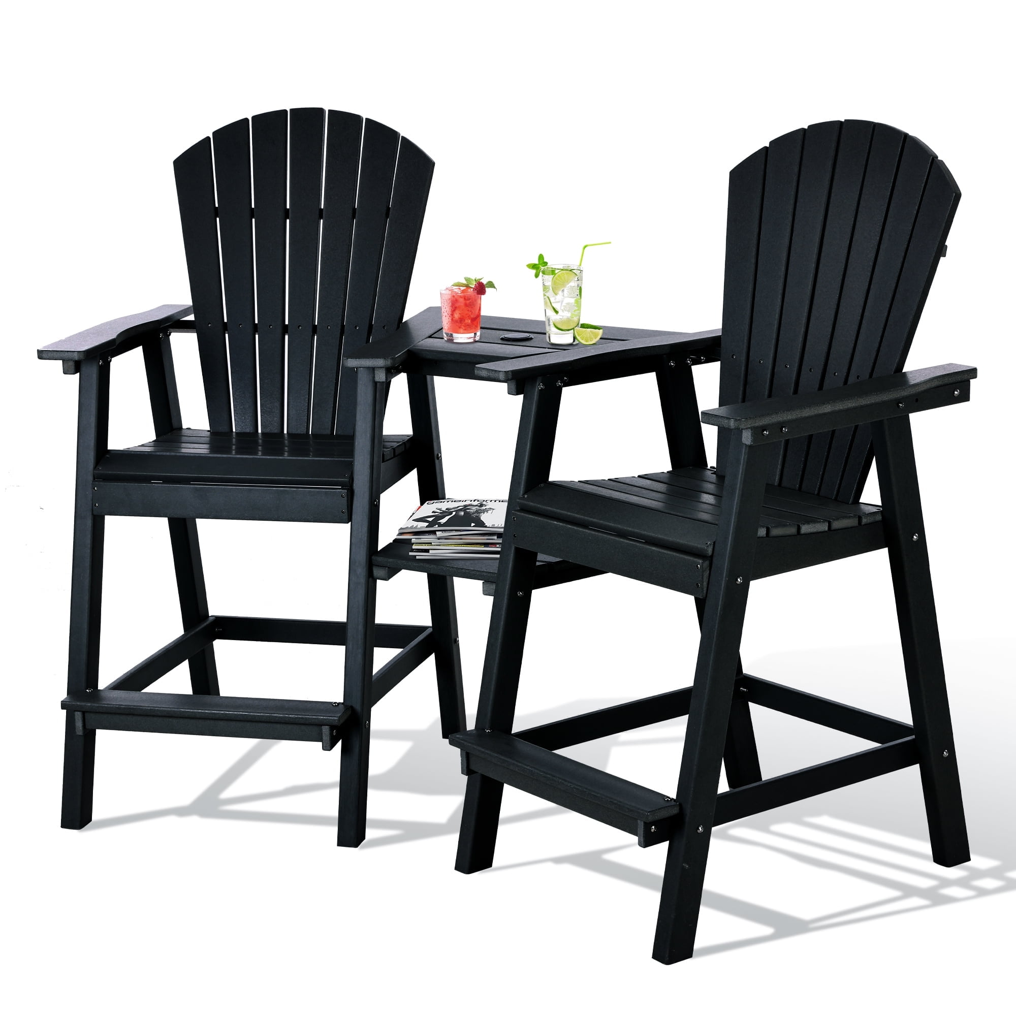 Tall Adirondack Chair Set of 2, HDPE Balcony Chair with Double Connecting Tray, Outdoor Weather Resistant Adirondack Chair, Black