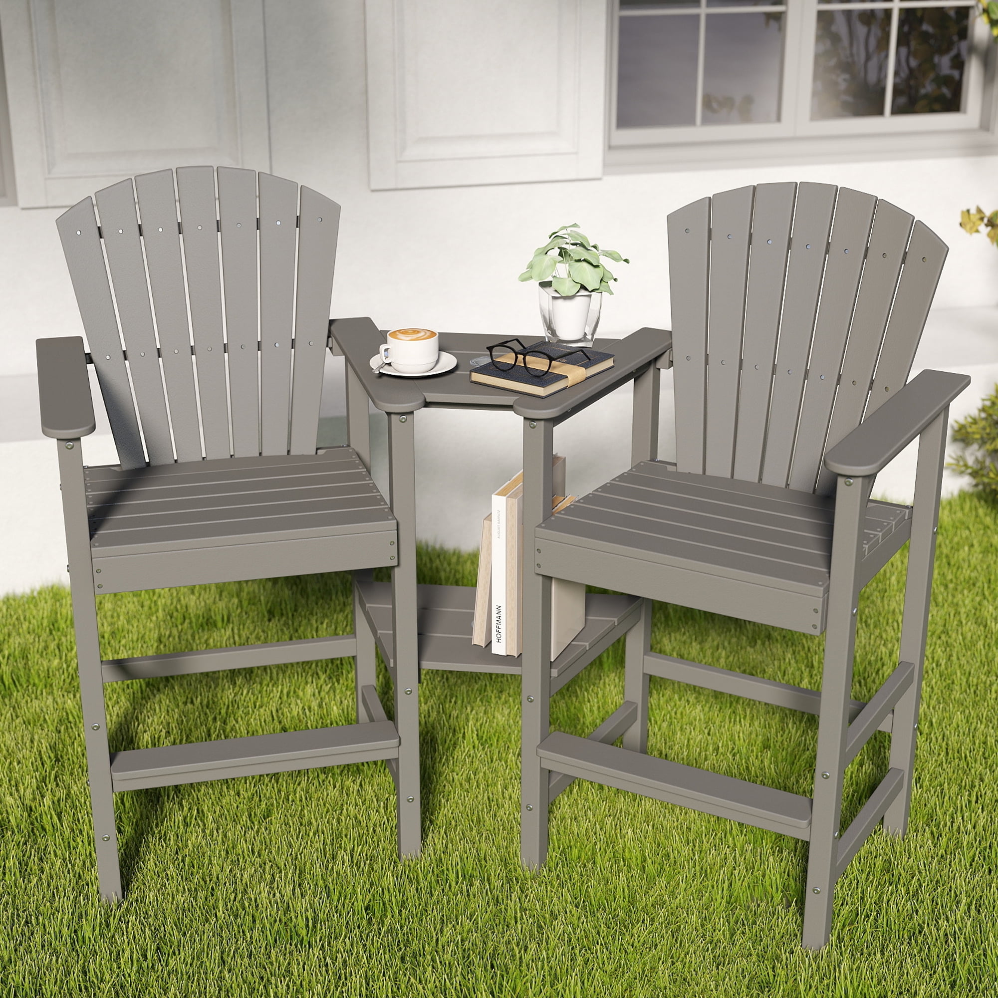 Tall Adirondack Chair Set of 2, HDPE Balcony Chair with Double Connecting Tray, Outdoor Weather Resistant Adirondack Chair, Gray