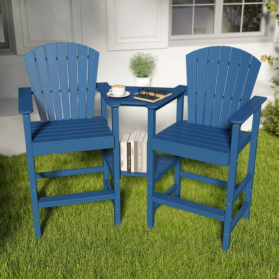 Tall Adirondack Chair Set of 2, HDPE Balcony Chair with Double Connecting Tray, Outdoor Weather Resistant Adirondack Chair, Navy Blue