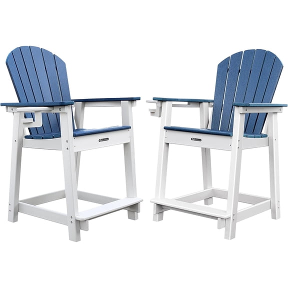 Tall Adirondack Chairs Set of 2, Adirondack Barstools, Weather Patio Garden Pool Fire Pit Balcony Outdoor Bar Stools HDPE Plastic Barstools with Backs for Garden, Backyard, Yard (Blue)