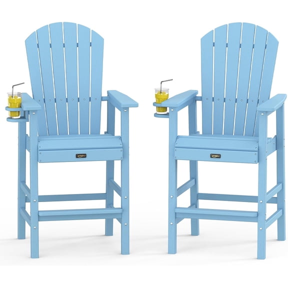 Tall Adirondack Chairs Set of 2, All-Weather Plastic Adirondack Chair with Cup Holders, Heavy-Duty HDPE Outdoor Bar Stools for Patio, Balcony, Pool, Backyard (Blue, 2 PCS)