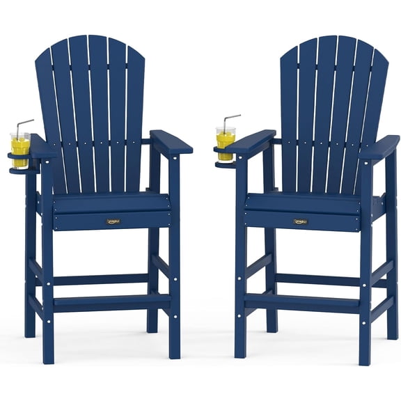 Tall Adirondack Chairs Set of 2, All-Weather Plastic Adirondack Chair with Cup Holders, Heavy-Duty HDPE Outdoor Bar Stools for Patio, Balcony, Pool, Backyard (Navy Blue, 2 PCS)
