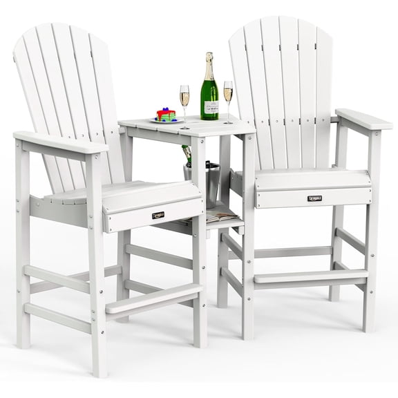Tall Adirondack Chairs Set of 2, HDPE Balcony Chair with Double Connecting Tray Weather Resistant Outdoor Bar Stools for Patio Deck Lawn Pool Backyard (White)