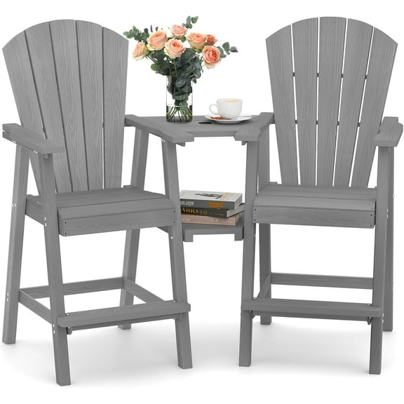Tall Adirondack Chairs Set of 2, HDPE Outdoor Adirondack Bar Stools with Double Connecting Tray, Weather Resistant High Back Adirondack Balcony Chairs for Deck, Lawn, Pool, Backyard, Grey