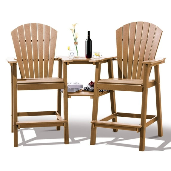 Tall Adirondack Chairs Set of 2,HDPE Outdoor Adirondack Barstools with Double Connecting Tray Patio Stools Weather Resistant for Outdoor Deck Lawn Pool Backyard, Teak
